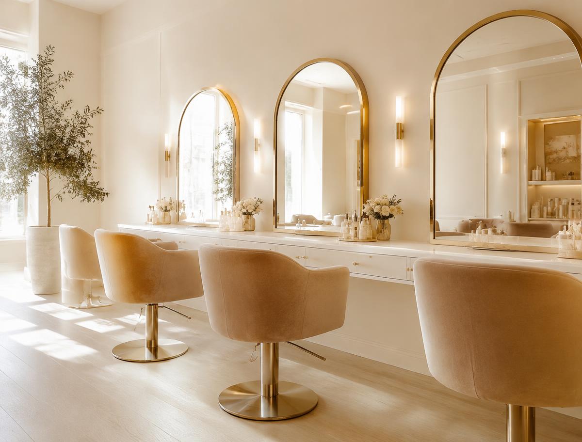 Ivory salon interior with gold arched mirrors